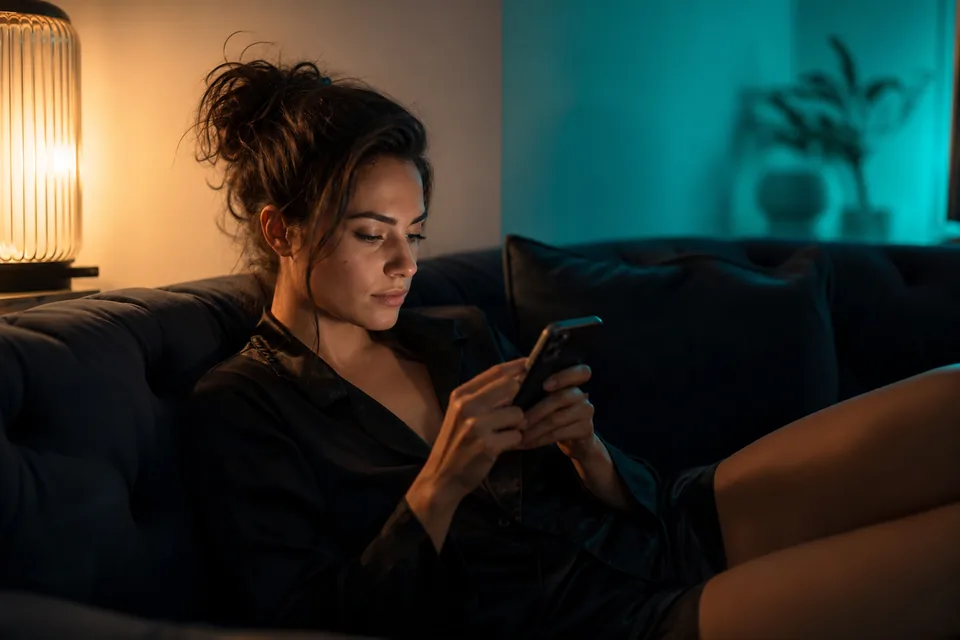 Adult creator checking her page on a phone while lying on a sofa