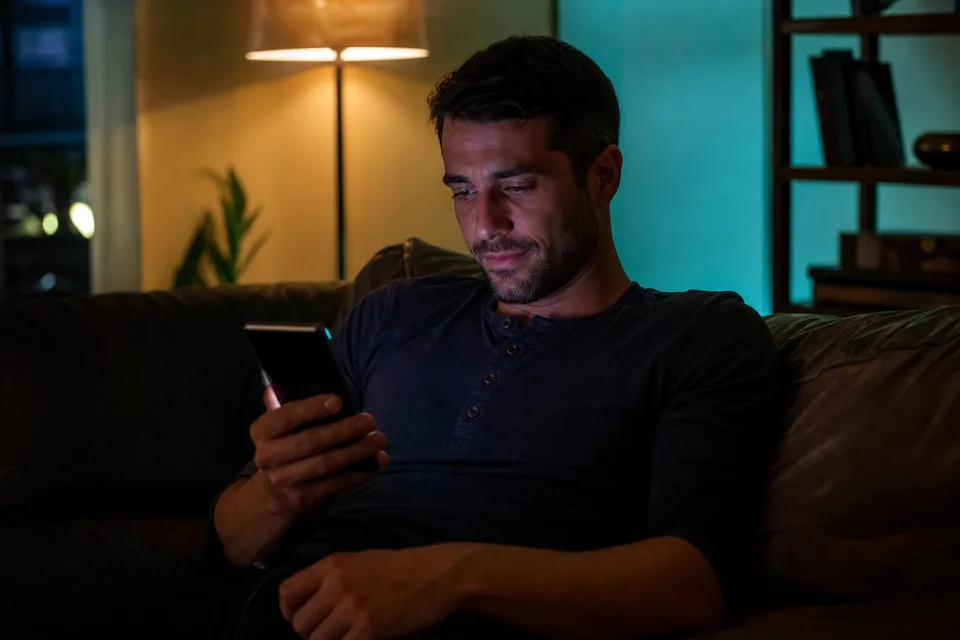 Adult fan relaxing on a sofa scrolling a creator feed on his phone