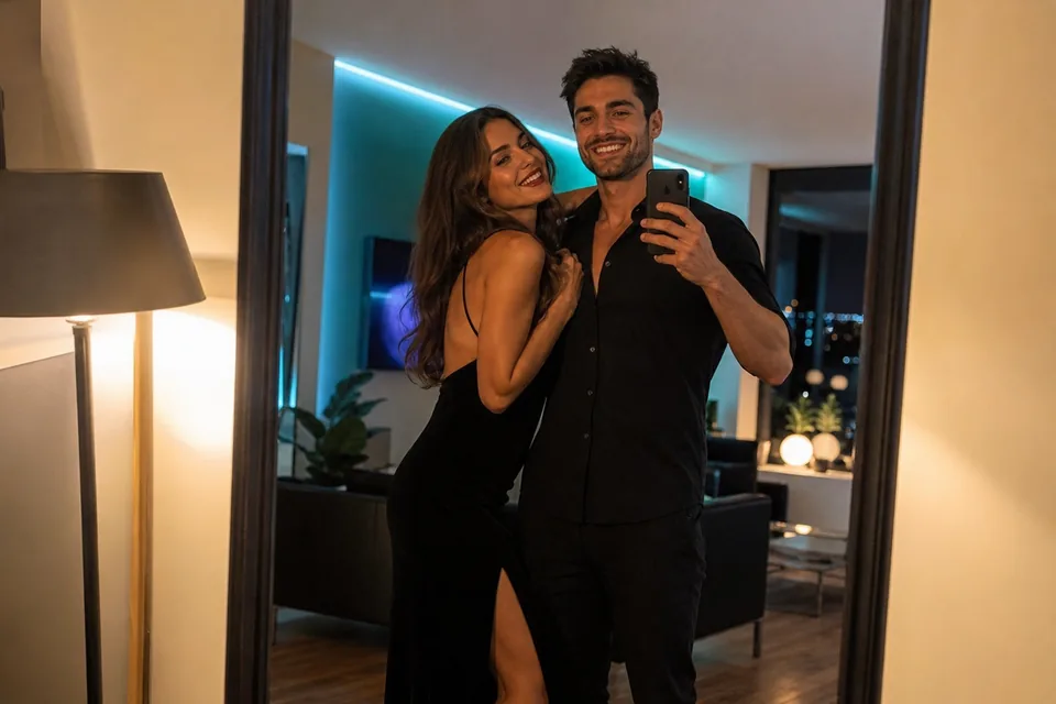 Adult couple filming themselves with a phone in a stylish living room lit by aqua neon