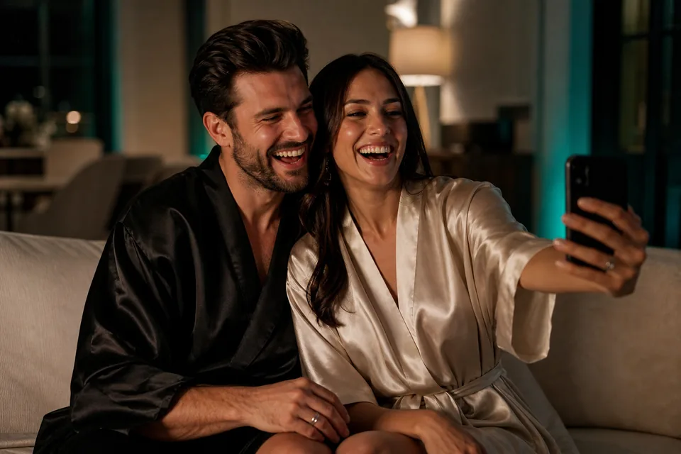 Married couple in silk robes laughing on a sofa at night