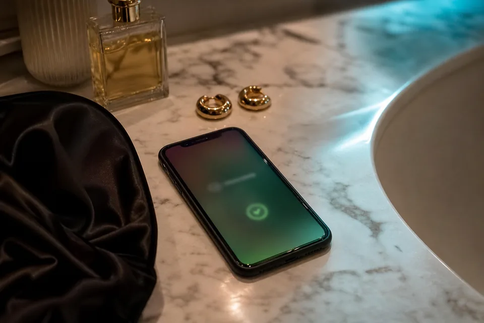 Phone showing a payout notification on a marble vanity next to a silk scarf and perfume