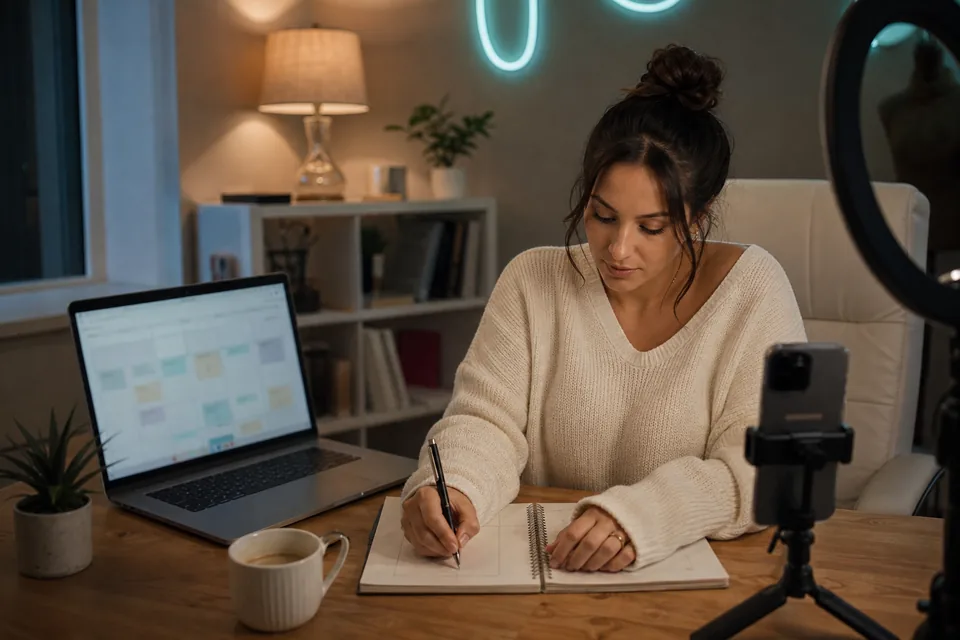 Creator planning a content calendar at a desk with a ring light