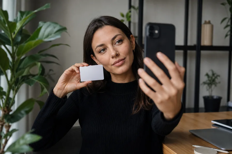 Adult woman holding an ID card next to her face for a verification selfie